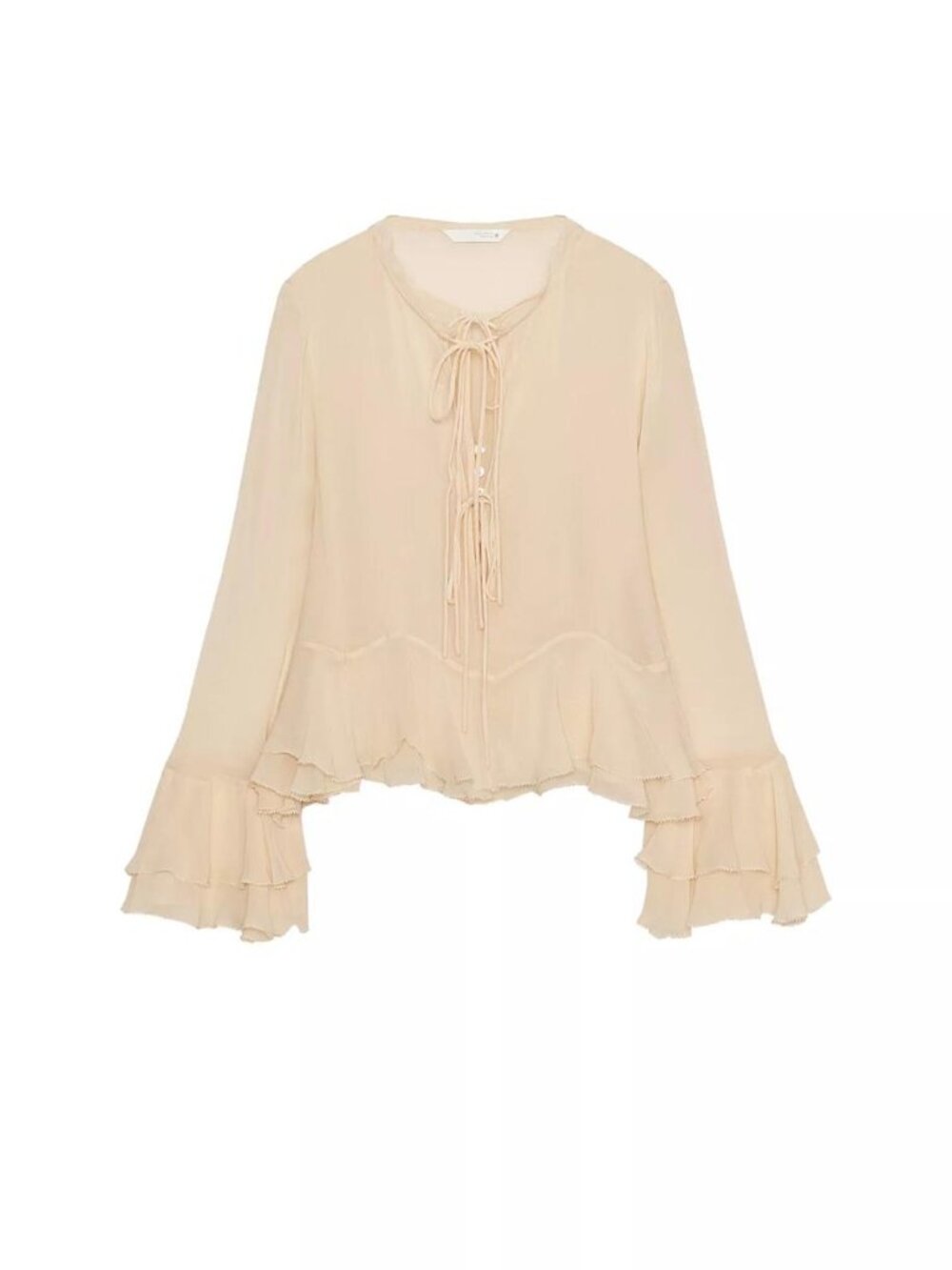 Zara Light Beige Ruffle Tie-Neck Blouse
